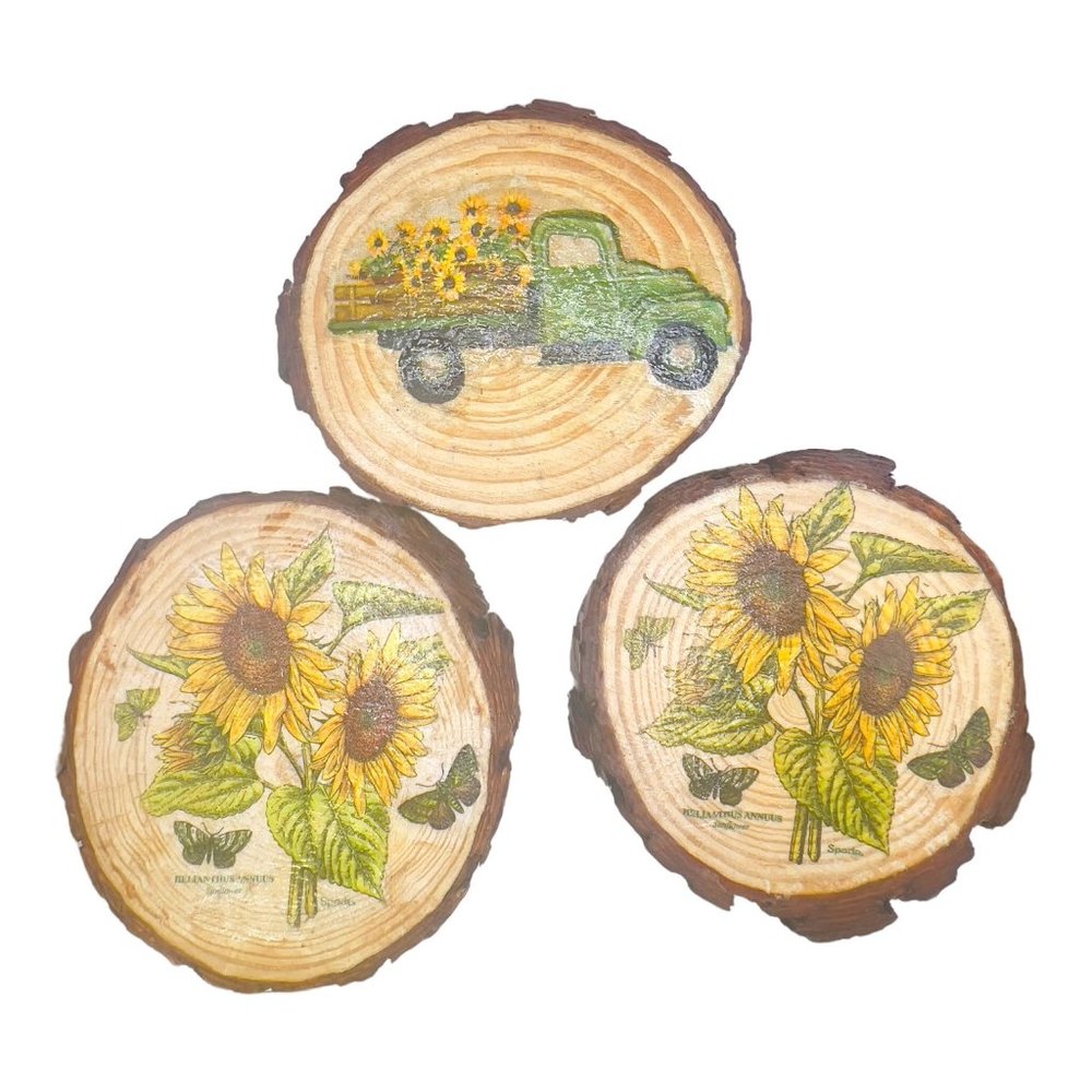 Wood Coasters Decoupaged Art with Yellow Sunflowers and Vintage Truck Napkins - Picture 1 of 12